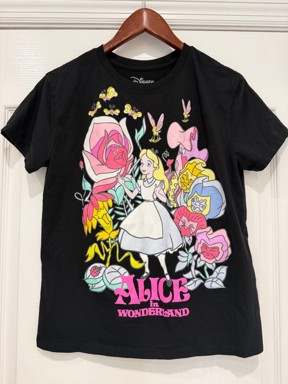 Disney Black Alice in Wonderland Floral Graphic Tee with Pink Accents